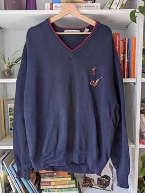 Vintage V-Neck Sweater Navy Red Trim Novelty Golf Embroidered Cotton Size XXL